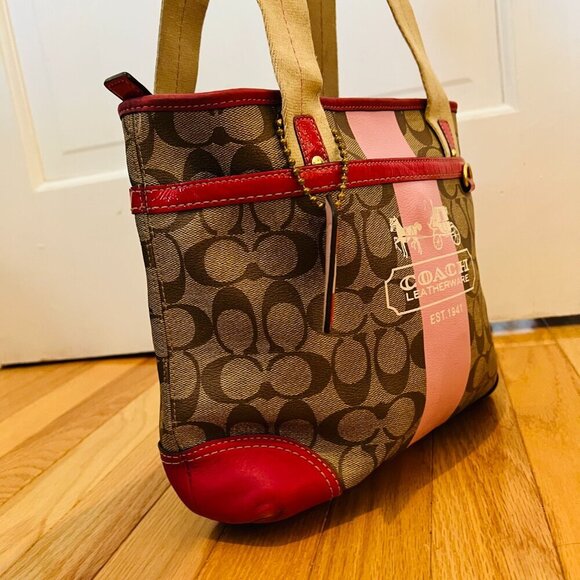 Y2K 2000 Hobo Coach Heritage Signature Stripe Pink/Tan Tote Bag Vintage - Picture 9 of 16